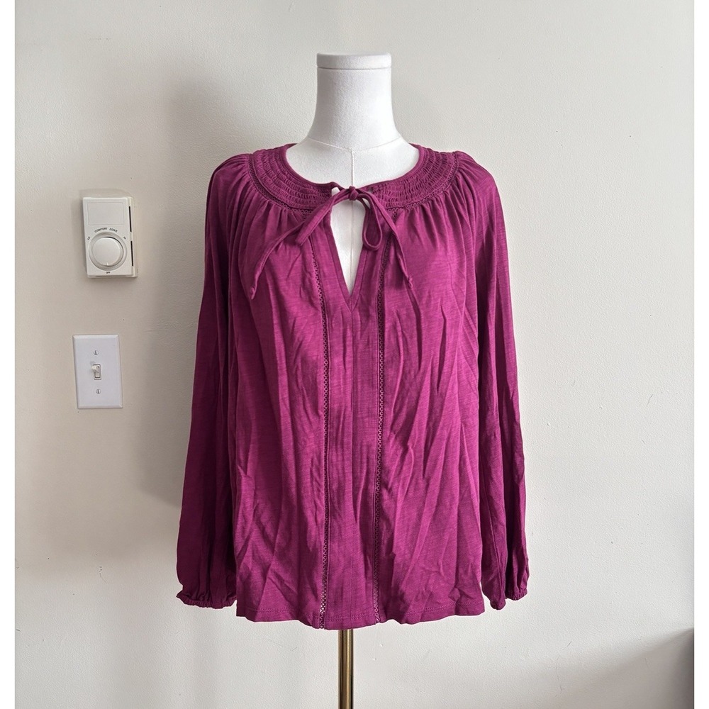 Boden Georgia Smocked Top Womens 10 Medium Cotton Preppy Purple Jersey Knit